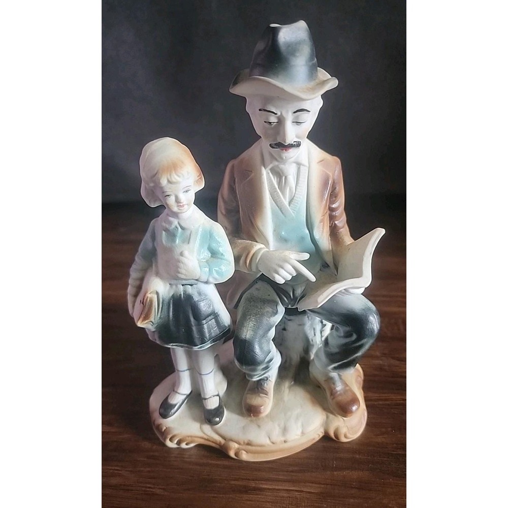 Vintage Porcelain Figurine Sculpture Man Reading to Standing Girl Crown Regal